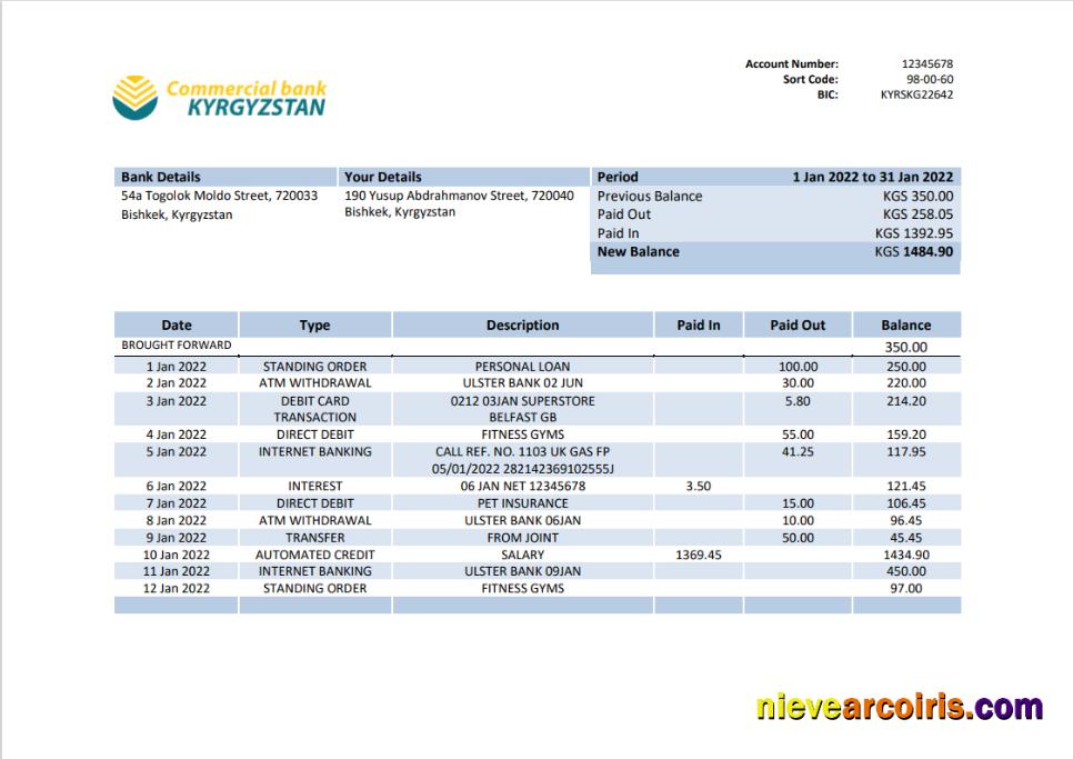 Kyrgyzstan Commercial Bank statement in Word and PDF format